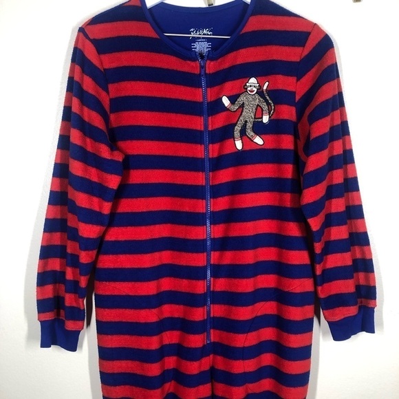 Nick & Nora Sock Monkey Zip Up Onesie Sleepwear Pajamas One Piece Small Red Blue - Picture 3 of 10